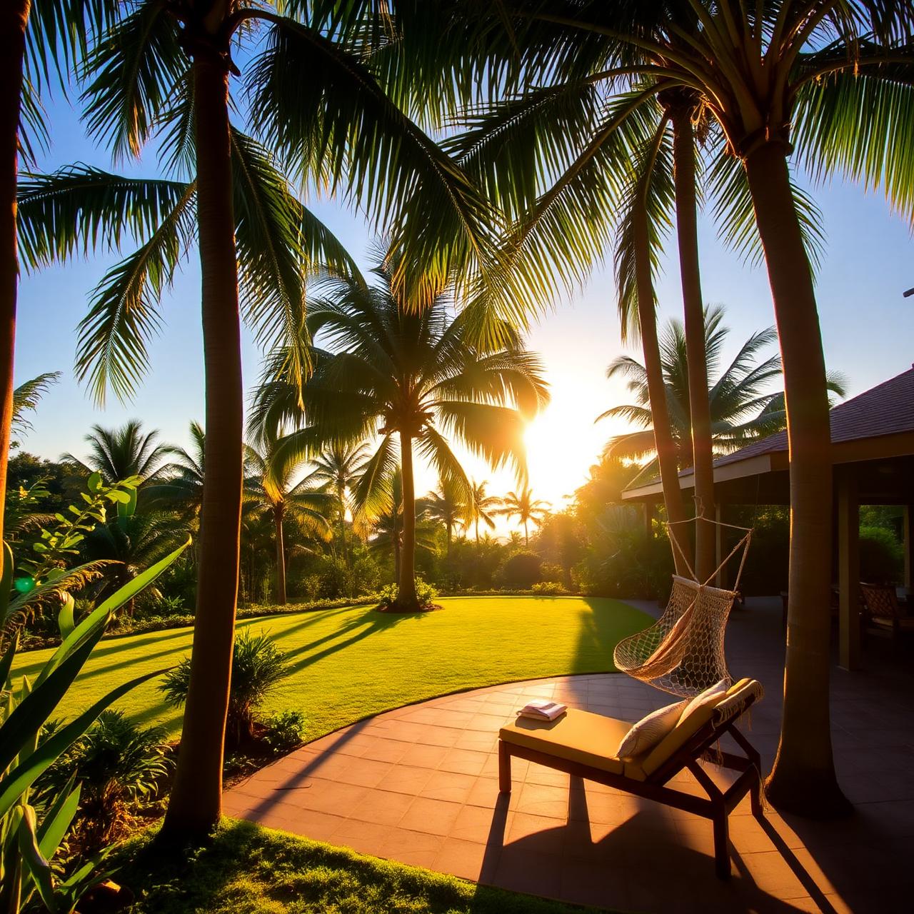 Tropical garden patio at golden hour